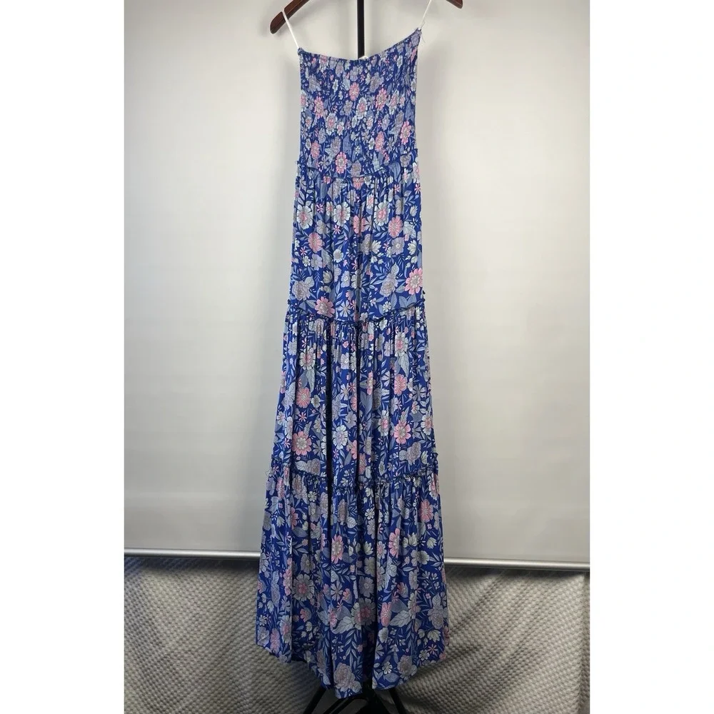 Abel The Label Womens Strapless Maxi Dress Sz S Blue Pink Floral Smocked Boho - Picture 1 of 8